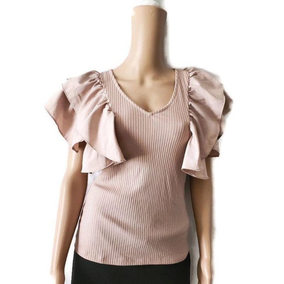 Haute Monde Women's Layered Flutter Sleeves Ribbed Blouse Blush Pink Size Medium - Picture 3 of 14